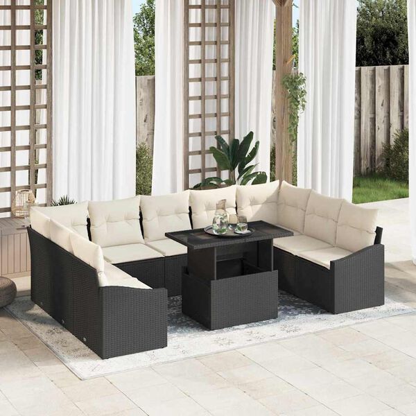 vidaXL Sofa Set mit Kissen 10 pcs Schwarz und Creme Poly-Rattan