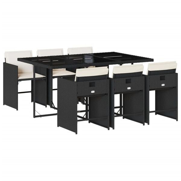 vidaXL 7-tlg. Garten-Essgruppe mit Kissen Schwarz Poly Rattan