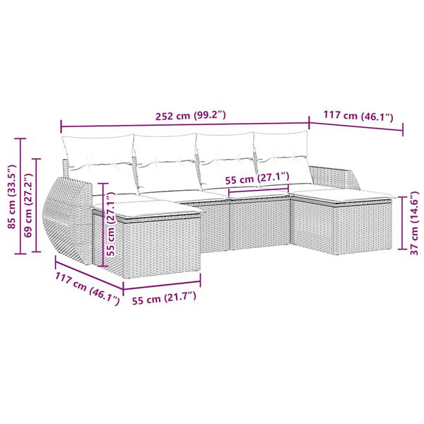 vidaXL 6-tlg. Garten-Sofagarnitur mit Kissen Schwarz Poly Rattan