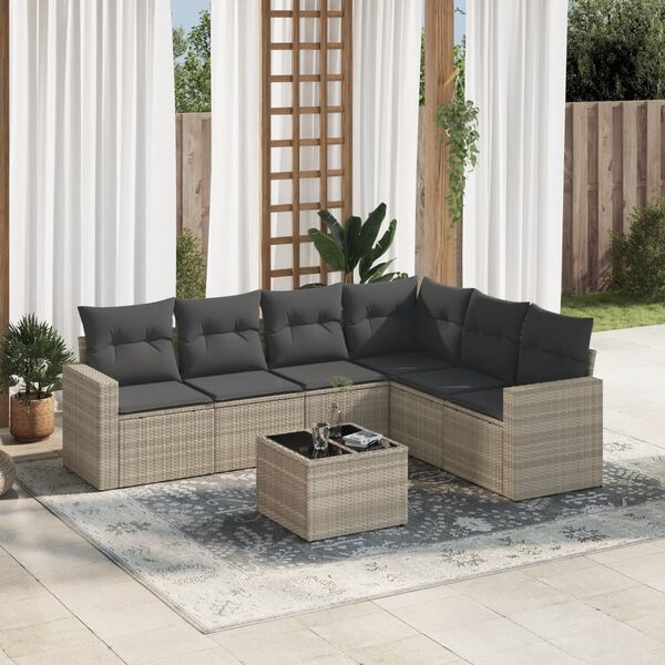 vidaXL 7-tlg. Garten-Sofagarnitur mit Kissen Hellgrau Poly Rattan