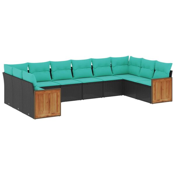 vidaXL 10-teiliges Gartensofa-Set mit Kissen, schwarzes Polyrattan