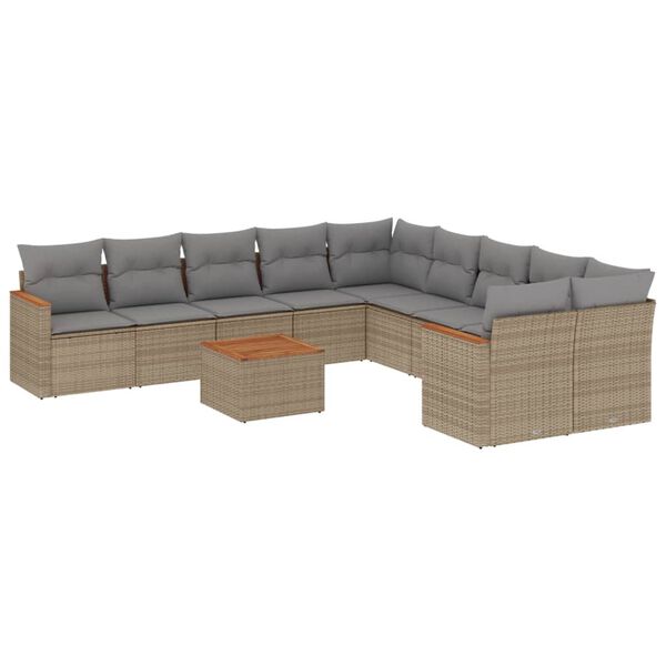 vidaXL 11-tlg. Garten-Sofagarnitur mit Kissen Beige Poly Rattan