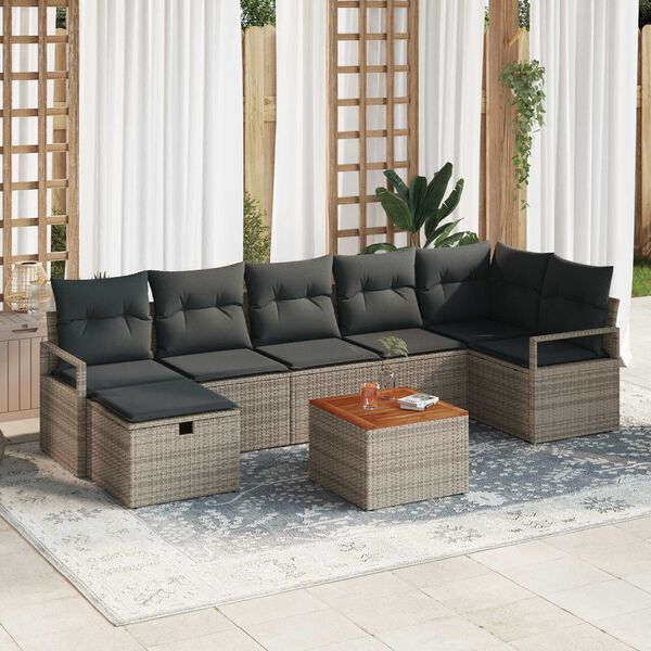 vidaXL Garten-Sofa-Set mit Kissen mit Speicher 8 pcs Grau Poly Rattan