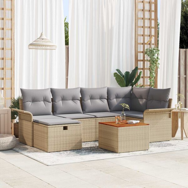 vidaXL Garten-Sofa-Set mit Kissen mit Speicher 7 pcs Beige Poly Rattan