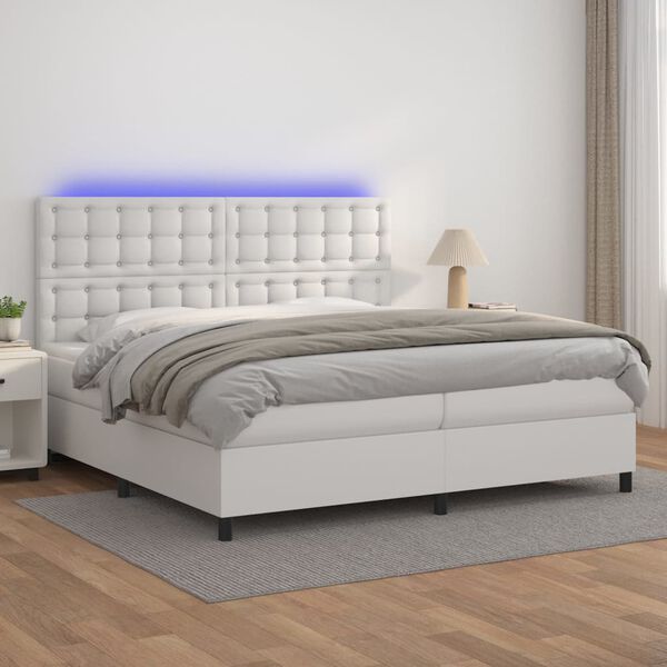 vidaXL Boxspringbett mit Matratze & LED Wei&szlig; 200x200 cm Kunstleder