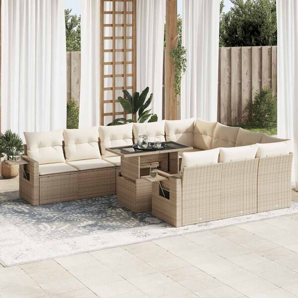 vidaXL 11-tlg. Garten-Sofagarnitur mit Kissen Beige Poly Rattan