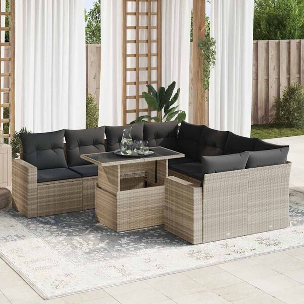 vidaXL 9-tlg. Garten-Sofagarnitur mit Kissen Hellgrau Poly Rattan