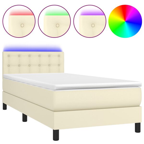 vidaXL Boxspringbett mit Matratze & LED Creme 90x200 cm Kunstleder