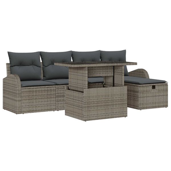 vidaXL Garten-Sofa-Set mit Kissen mit Speicher 6 pcs Grau Poly Rattan