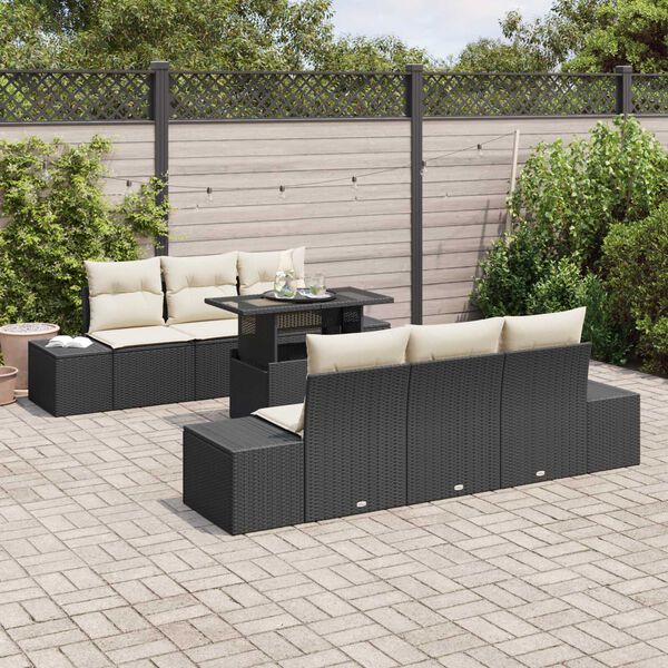 vidaXL Sofa Set mit Kissen 7 pcs Schwarz und Creme Poly-Rattan