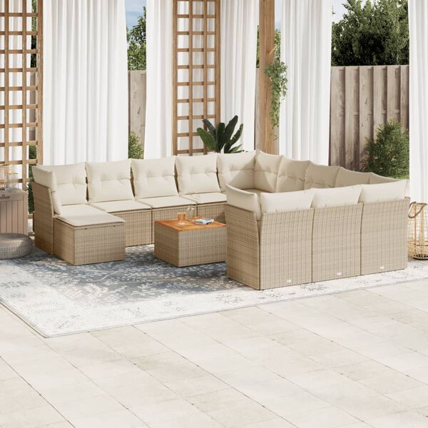 vidaXL 13-tlg. Garten-Sofagarnitur mit Kissen Beige Poly Rattan