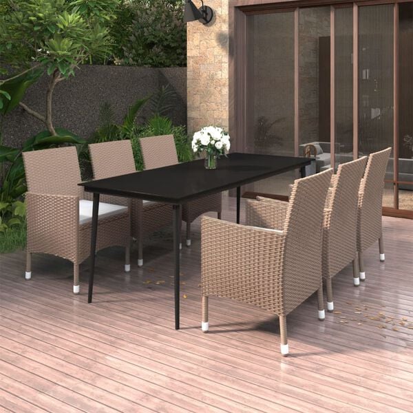 vidaXL 7-tlg. Garten-Essgruppe mit Kissen Poly Rattan und Glas