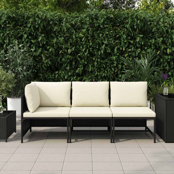 vidaXL 3-tlg. Garten-Sofagarnitur mit Auflagen Schwarz Poly Rattan
