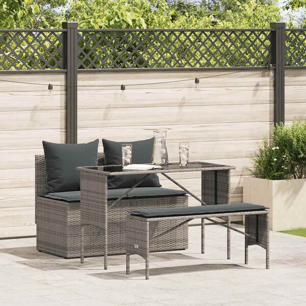 vidaXL 3-tlg. Garten-Essgruppe mit Kissen Grau Poly Rattan