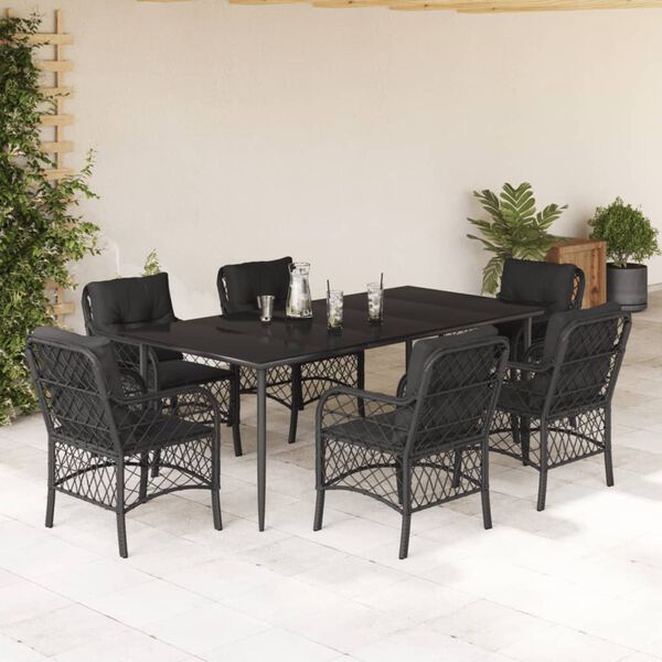 vidaXL 7-tlg. Garten-Essgruppe mit Kissen Schwarz Poly Rattan