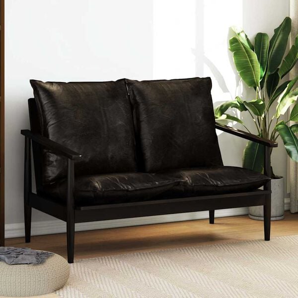 vidaXL 2-Sitzer-Sofa Echtleder Akazienholz Schwarz
