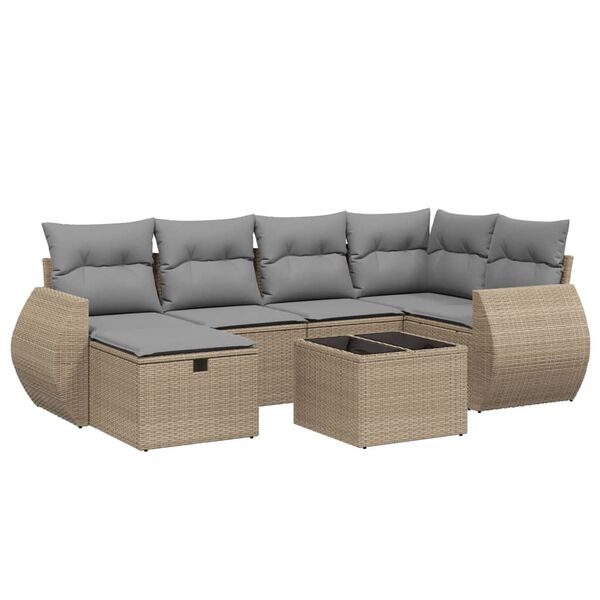 vidaXL 7-tlg. Garten-Sofagarnitur mit Kissen Beige Poly Rattan