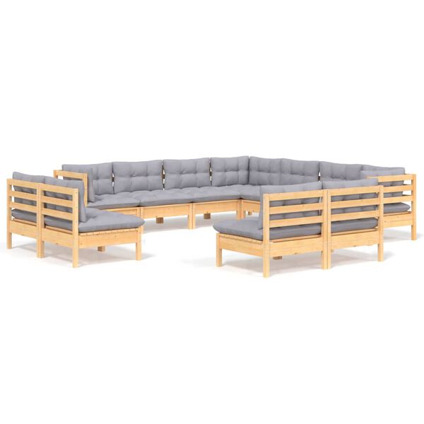 vidaXL 11-tlg. Garten-Lounge-Set mit Grauen Kissen Massivholz Kiefer