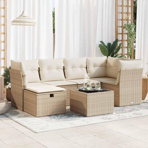 vidaXL 6-tlg. Garten-Sofagarnitur mit Kissen Beige Poly Rattan
