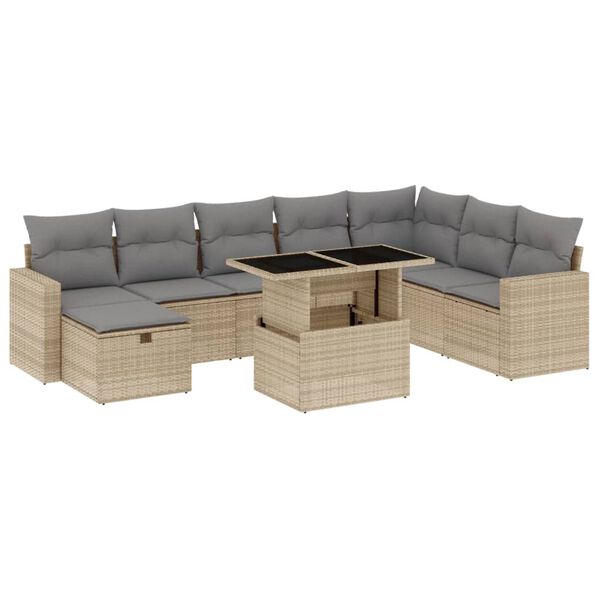 vidaXL 9-tlg. Garten-Sofagarnitur mit Kissen Beige Poly Rattan