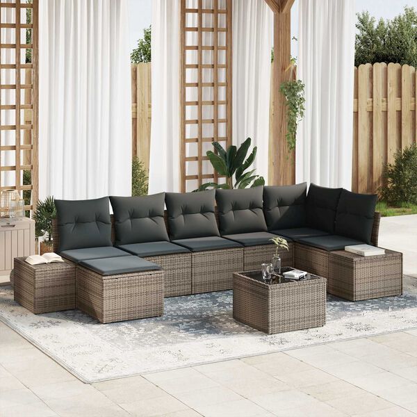 vidaXL Garten-Sofa-Set mit Kissen mit Speicher 7 pcs Grau Poly-Rattan