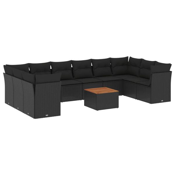 vidaXL 11-tlg. Garten-Sofagarnitur mit Kissen Schwarz Poly Rattan