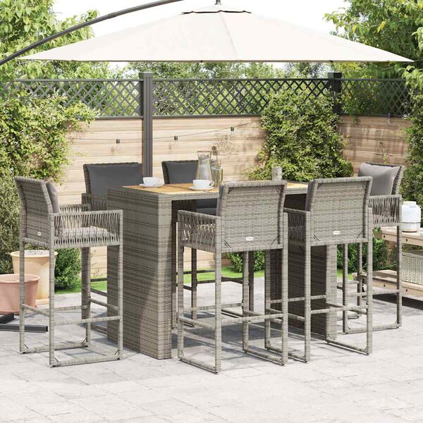 vidaXL 7-tlg. Gartenbar-Set mit Kissen Grau Poly Rattan Akazie