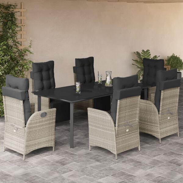 vidaXL 7-tlg. Garten-Essgruppe mit Kissen Hellgrau Poly Rattan