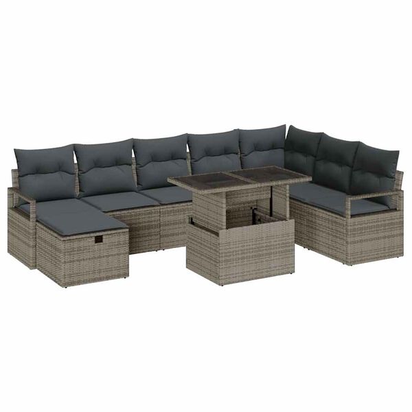 vidaXL Garten-Sofa-Set mit Kissen mit Speicher 9 pcs Grau Poly Rattan