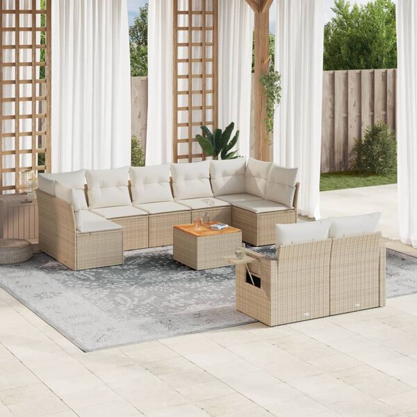 vidaXL 10-tlg. Garten-Sofagarnitur mit Kissen Beige Poly Rattan