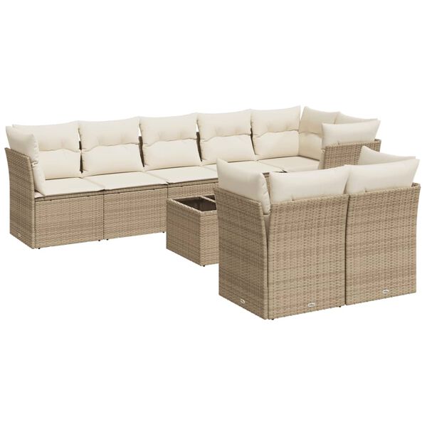 vidaXL 9-tlg. Garten-Sofagarnitur mit Kissen Beige Poly Rattan