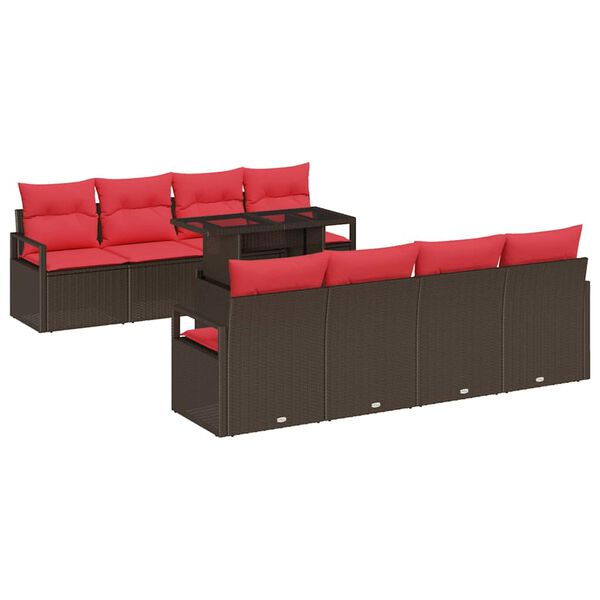 vidaXL Gartensofa-set mit Speicher 9 pcs Braun und Rot Poly-Rattan