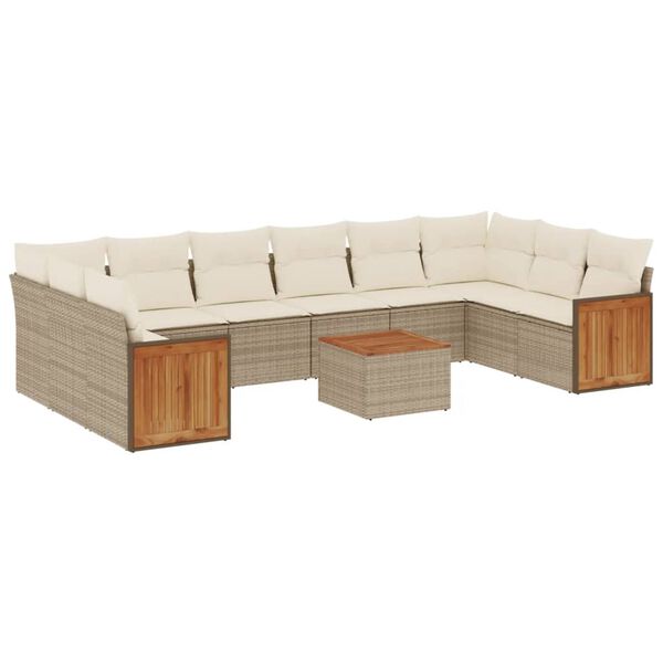 vidaXL 11-tlg. Garten-Sofagarnitur mit Kissen Beige Poly Rattan
