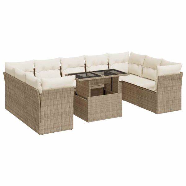 vidaXL 10-tlg. Garten-Sofagarnitur mit Kissen Beige Poly Rattan