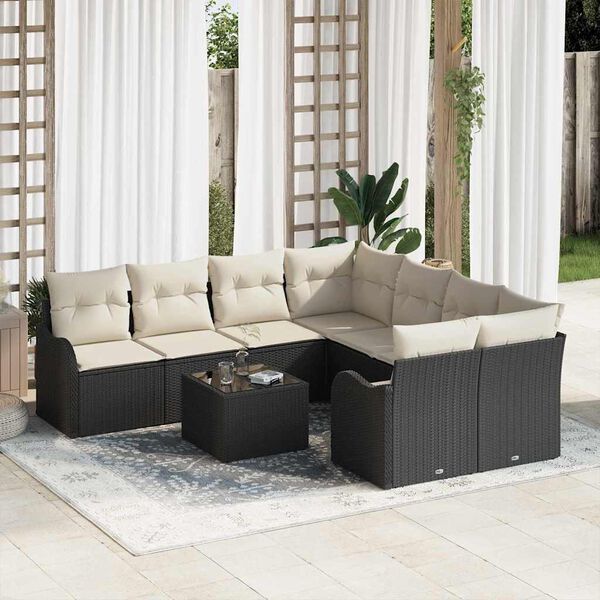 vidaXL Gartensofa-set mit Kissen mit Speicher 9 pcs Schwarz und Creme