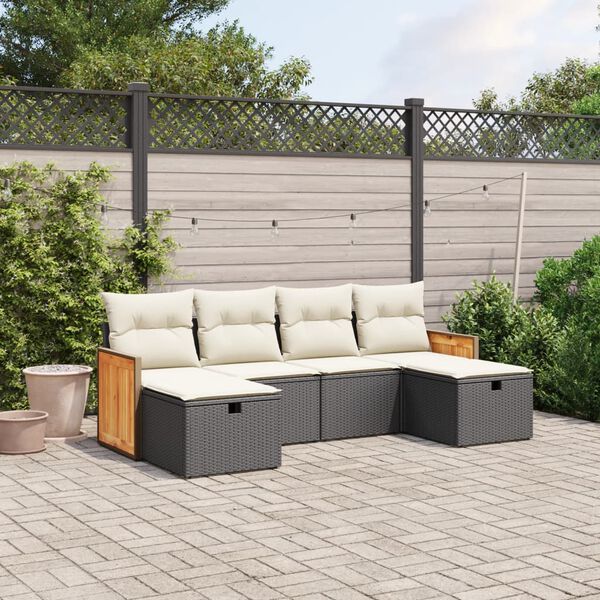 vidaXL 6-tlg. Garten-Sofagarnitur mit Kissen Schwarz Poly Rattan