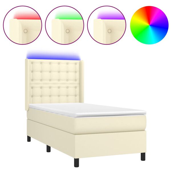 vidaXL Boxspringbett mit Matratze & LED Creme 90x200 cm Kunstleder