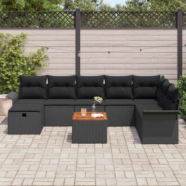 vidaXL Garten-Sofa-Set mit Kissen 9 pcs Schwarz Poly Rattan