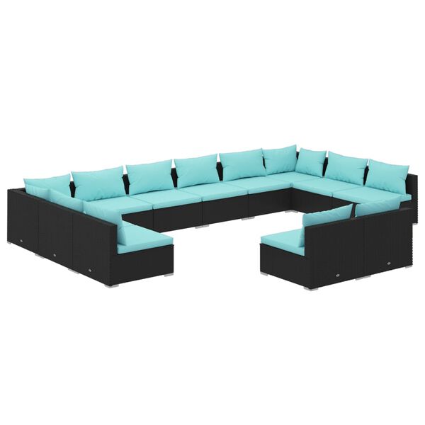 vidaXL 12-tlg. Garten-Lounge-Set mit Kissen Schwarz Poly Rattan