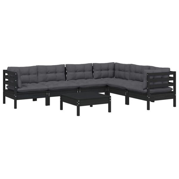 vidaXL 7-tlg. Garten-Lounge-Set mit Kissen Schwarz Massivholz Kiefer