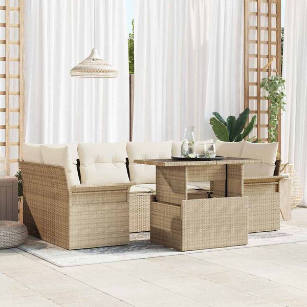 vidaXL Garten-Sofa-Set mit Kissen 7 pcs Beige Poly-Rattan