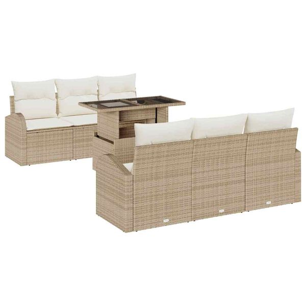 vidaXL Gartensofa-set mit Kissen mit Speicher 7 pcs Beige Poly Rattan