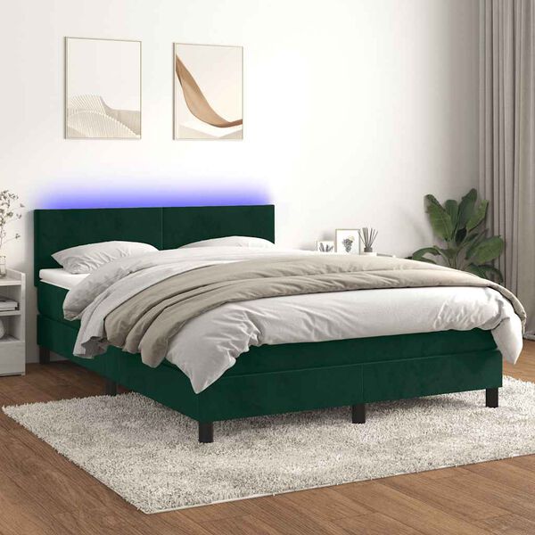 vidaXL Boxspringbett mit Matratze & LED Dunkelgr&uuml;n 140x190 cm Samt