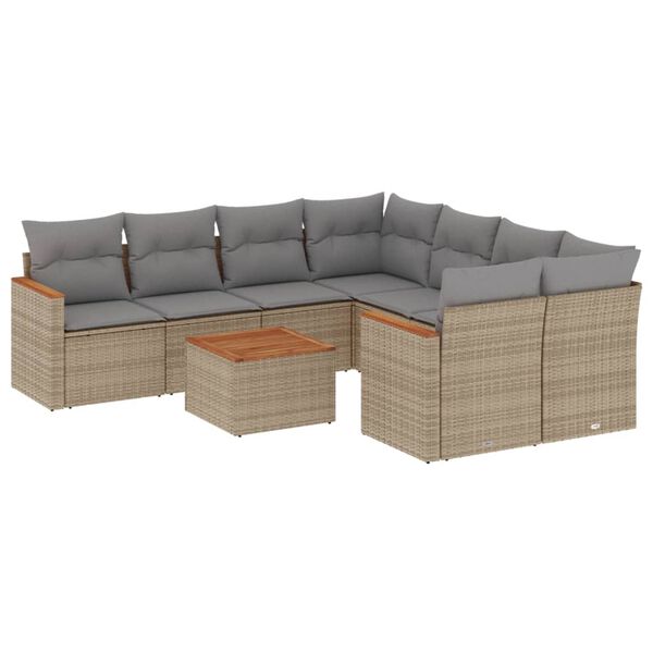vidaXL 9-tlg. Garten-Sofagarnitur mit Kissen Beige Poly Rattan