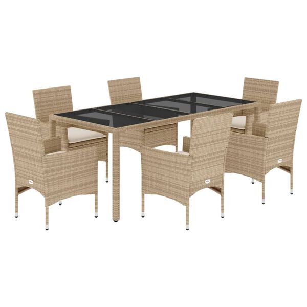 vidaXL 7-tlg. Garten-Essgruppe mit Kissen Beige Poly Rattan und Glas