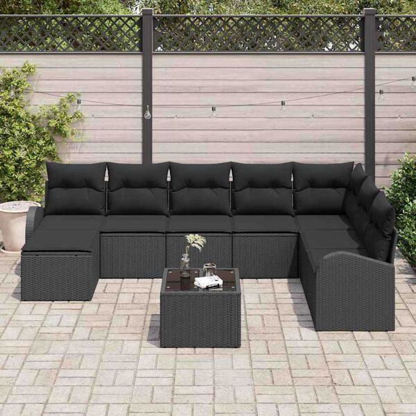 vidaXL Sofa Set mit Kissen mit Speicher 9 pcs Schwarz Poly-Rattan