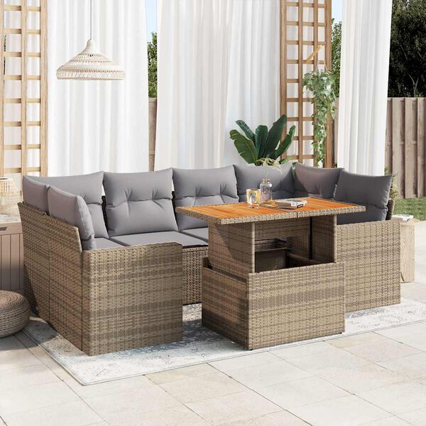 vidaXL 7-tlg. Garten-Sofagarnitur mit Kissen Beige Poly Rattan