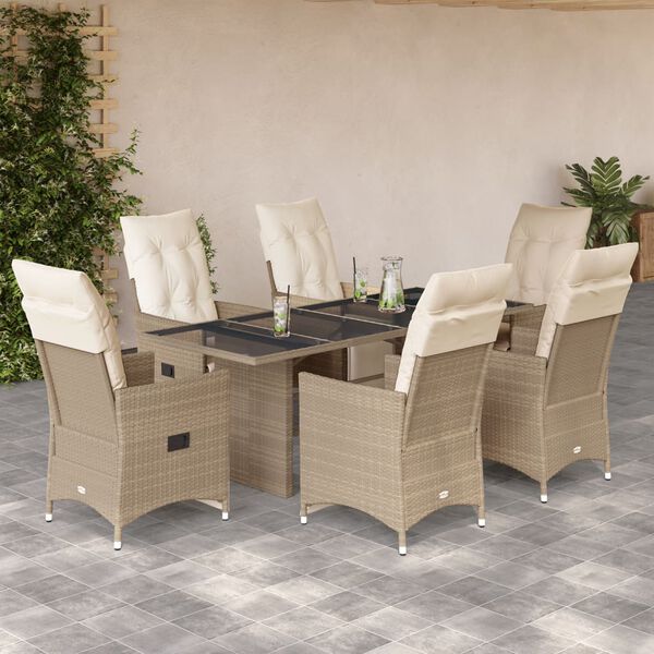 vidaXL 7-tlg. Garten-Bistro-Set mit Kissen Beige Poly Rattan