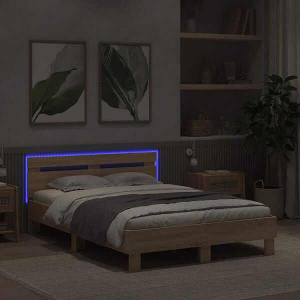 vidaXL Bettrahmen mit LED Sonoma 137 x 190 cm Holzwerkstoff