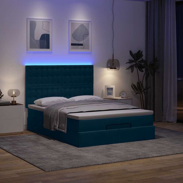 vidaXL Ottoman-Bett mit Matratzen & LEDs Dunkelblau 140x200 cm Samt